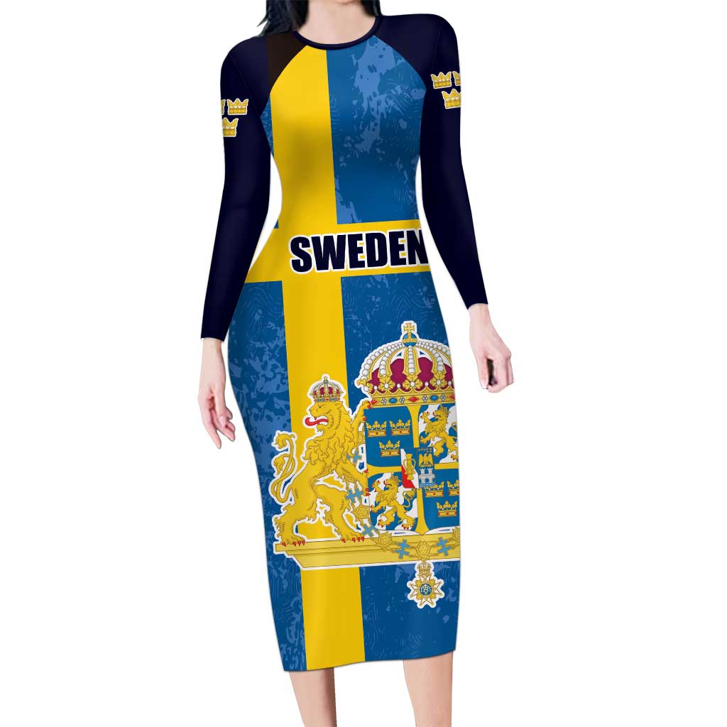 Custom Sweden Flag and Coat of arms Long Sleeve Bodycon Dress Three Crowns of Sweden