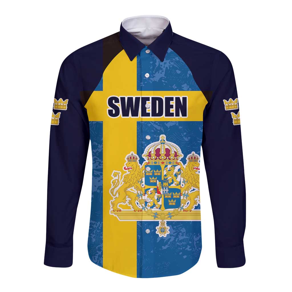 Custom Sweden Flag and Coat of arms Long Sleeve Button Shirt Three Crowns of Sweden