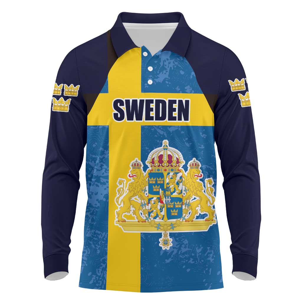 Custom Sweden Flag and Coat of arms Long Sleeve Polo Shirt Three Crowns of Sweden