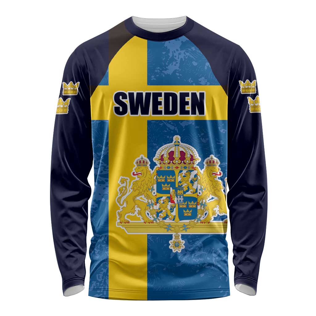 Custom Sweden Flag and Coat of arms Long Sleeve Shirt Three Crowns of Sweden