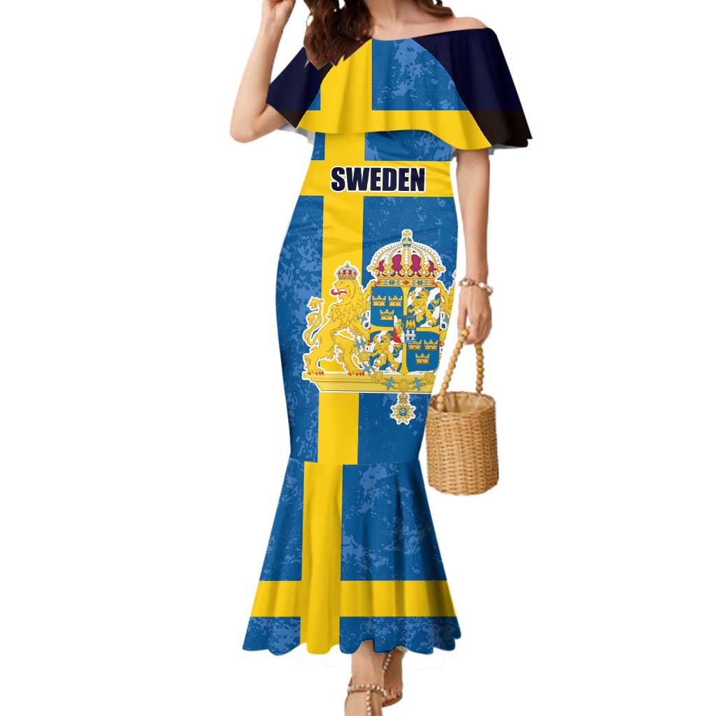 Custom Sweden Flag and Coat of arms Mermaid Dress Three Crowns of Sweden