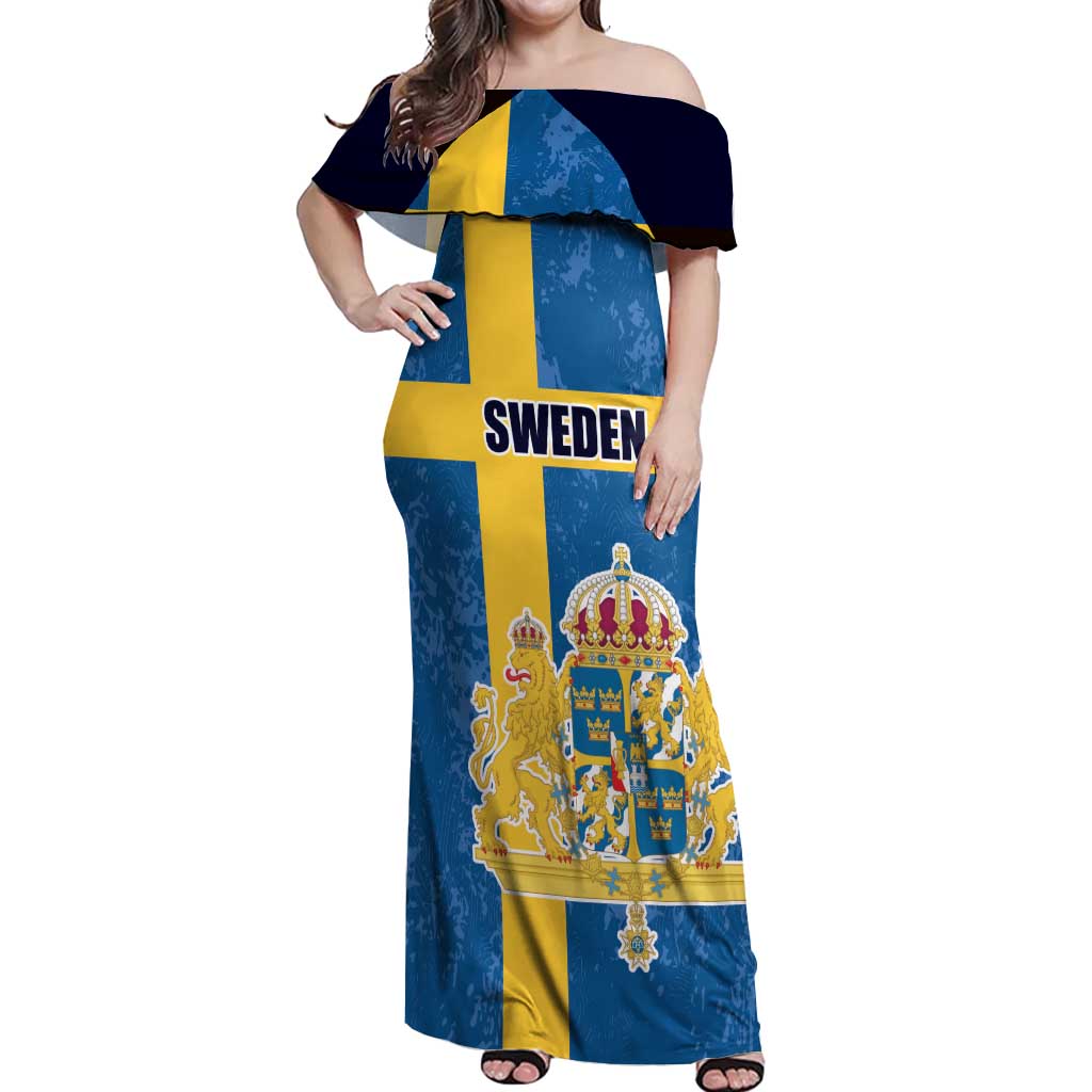 Custom Sweden Flag and Coat of arms Off Shoulder Maxi Dress Three Crowns of Sweden