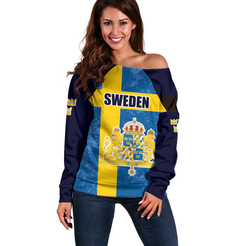 Custom Sweden Flag and Coat of arms Off Shoulder Sweater Three Crowns of Sweden