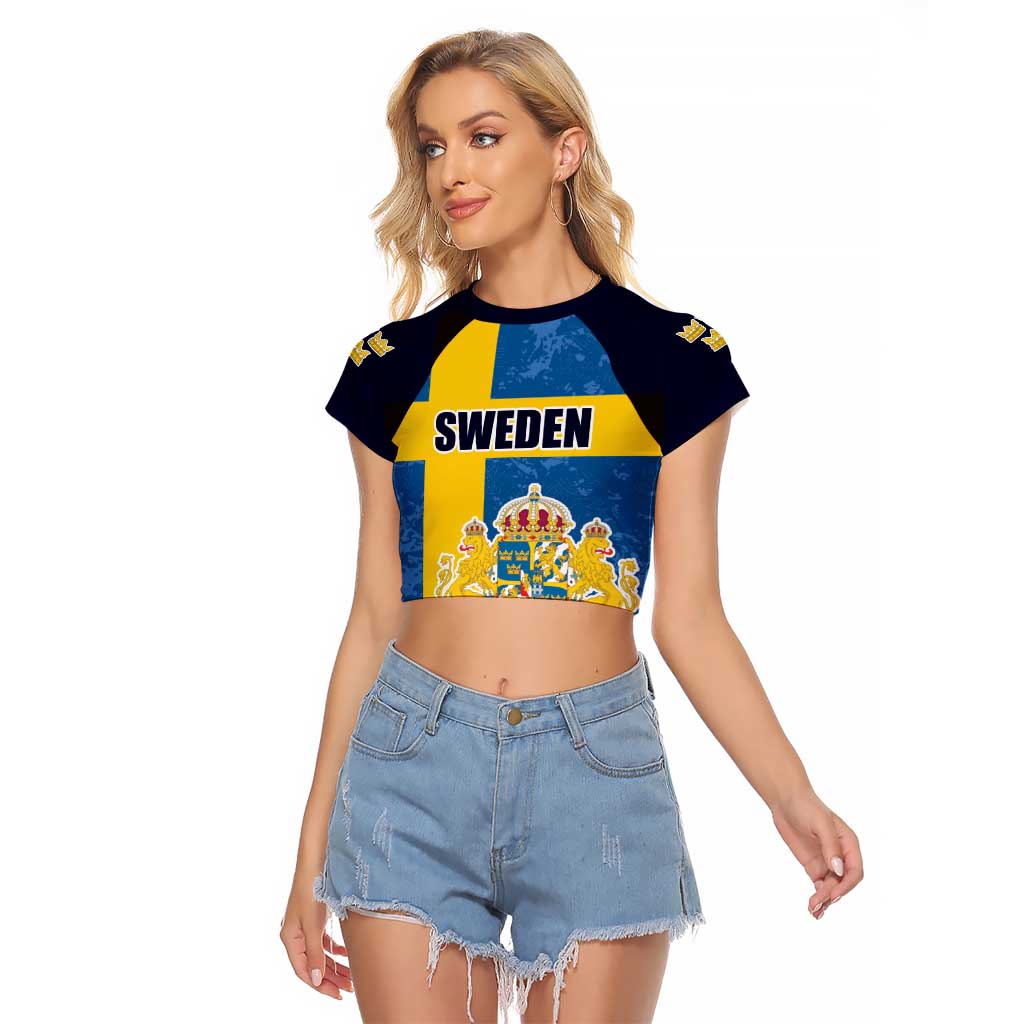 Custom Sweden Flag and Coat of arms Raglan Cropped T Shirt Three Crowns of Sweden