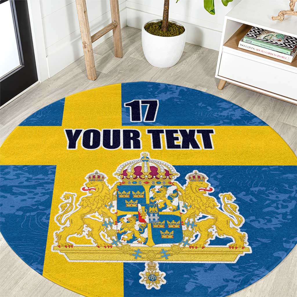 Custom Sweden Flag and Coat of arms Round Carpet Three Crowns of Sweden