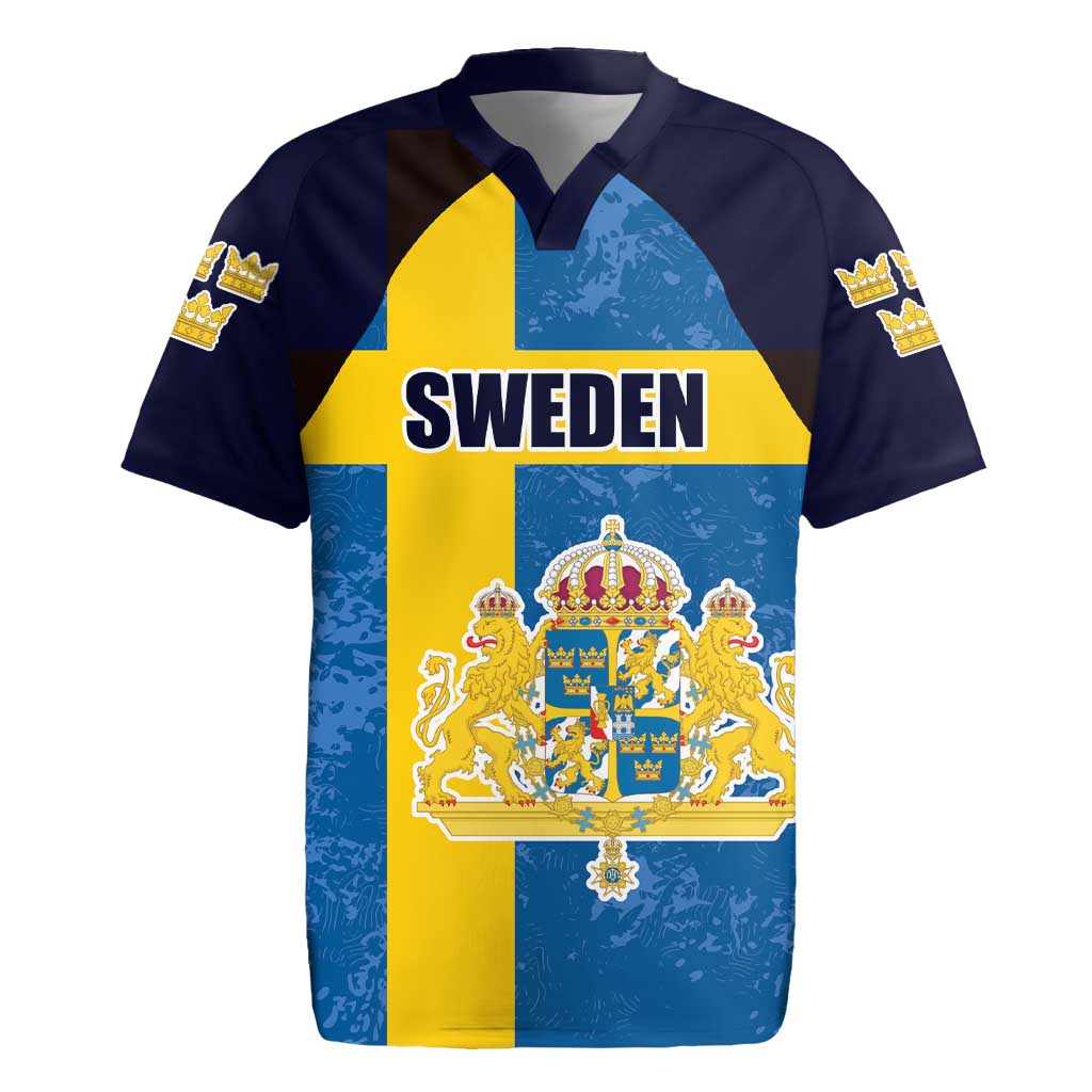 Custom Sweden Flag and Coat of arms Rugby Jersey Three Crowns of Sweden