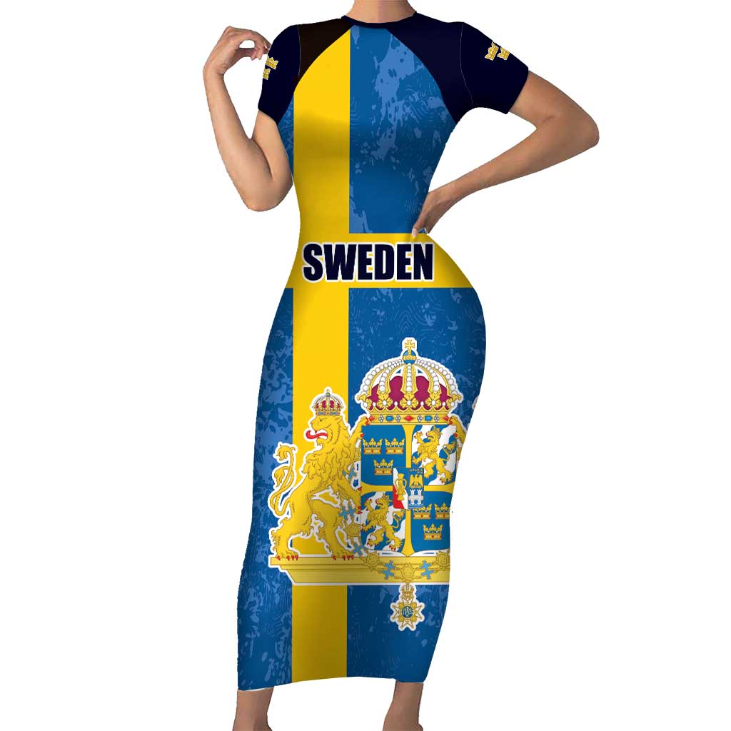 Custom Sweden Flag and Coat of arms Short Sleeve Bodycon Dress Three Crowns of Sweden