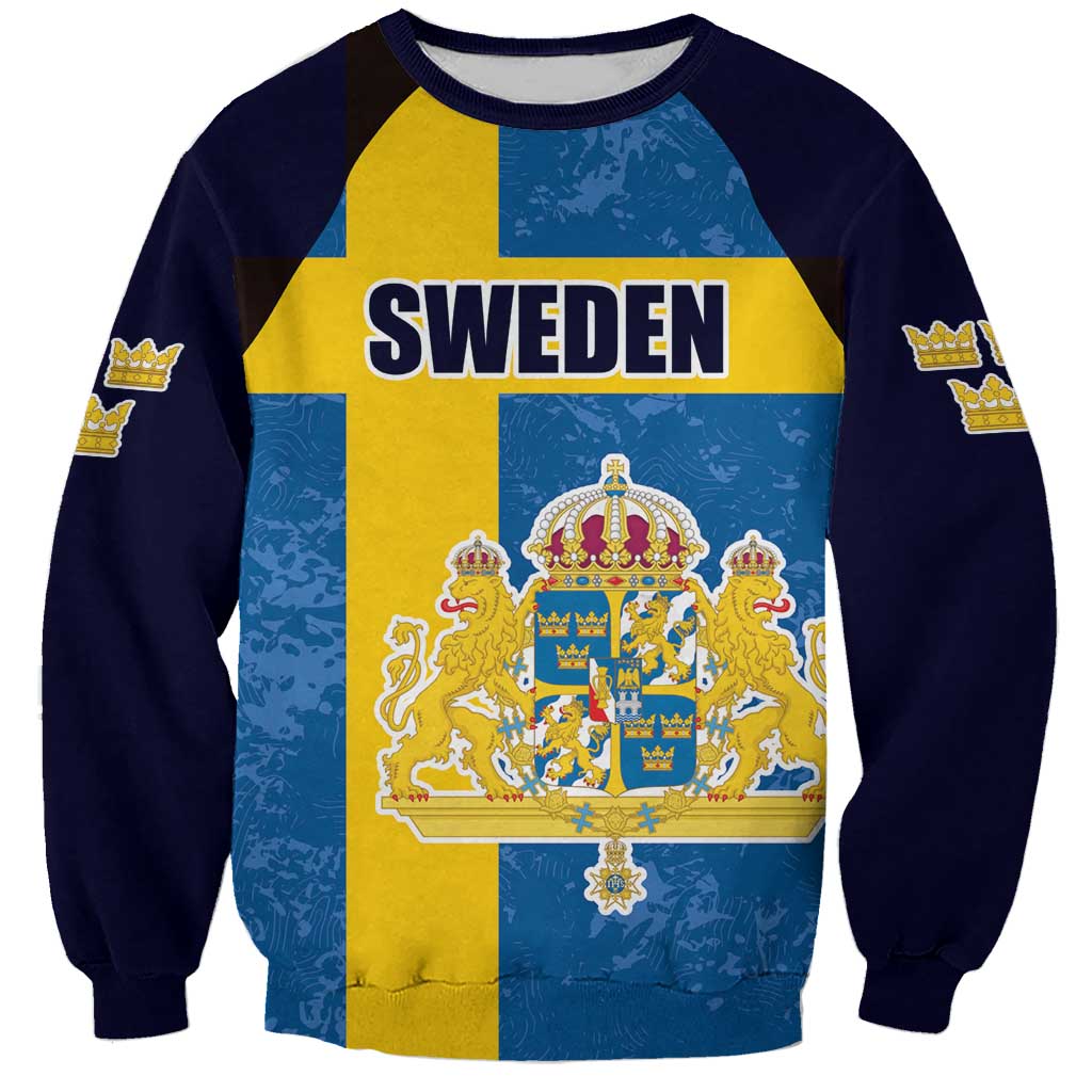 Unisex sweatshirt in navy with Sweden flag and coat of arms front graphic