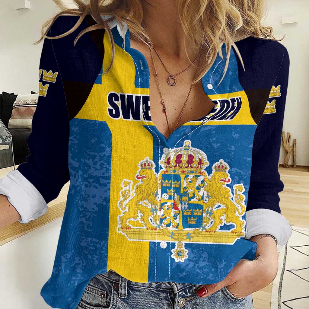 Custom Sweden Flag and Coat of arms Women Casual Shirt Three Crowns of Sweden