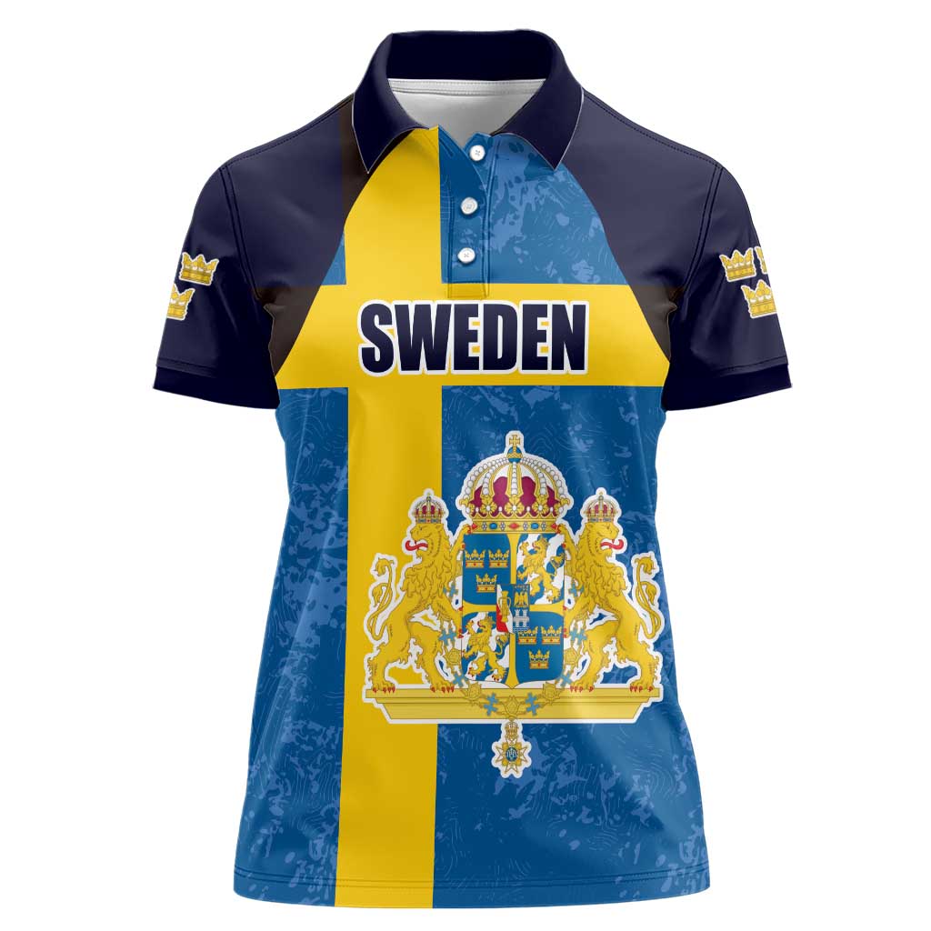 Custom Sweden Flag and Coat of arms Women Polo Shirt Three Crowns of Sweden