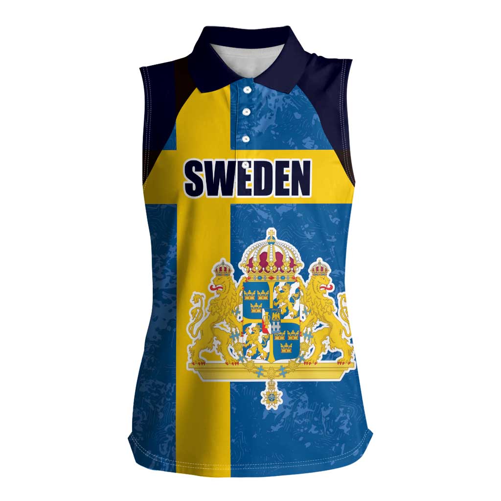 Custom Sweden Flag and Coat of arms Women Sleeveless Polo Shirt Three Crowns of Sweden