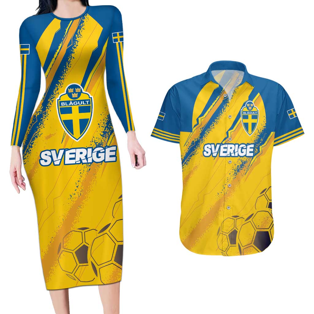 Custom Sweden Football Couples Matching Long Sleeve Bodycon Dress and Hawaiian Shirt Sporty Style