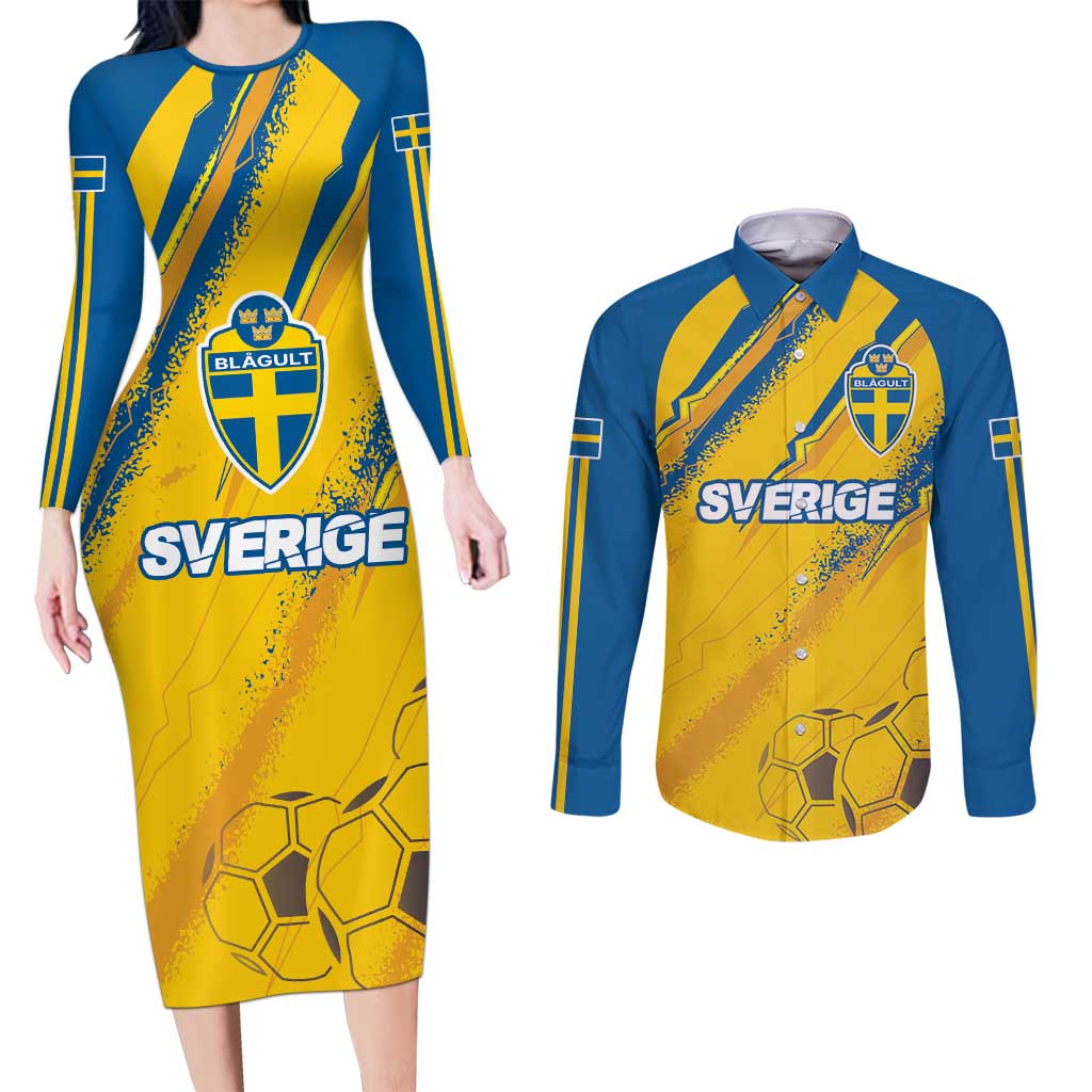 Custom Sweden Football Couples Matching Long Sleeve Bodycon Dress and Long Sleeve Button Shirt Sporty Style