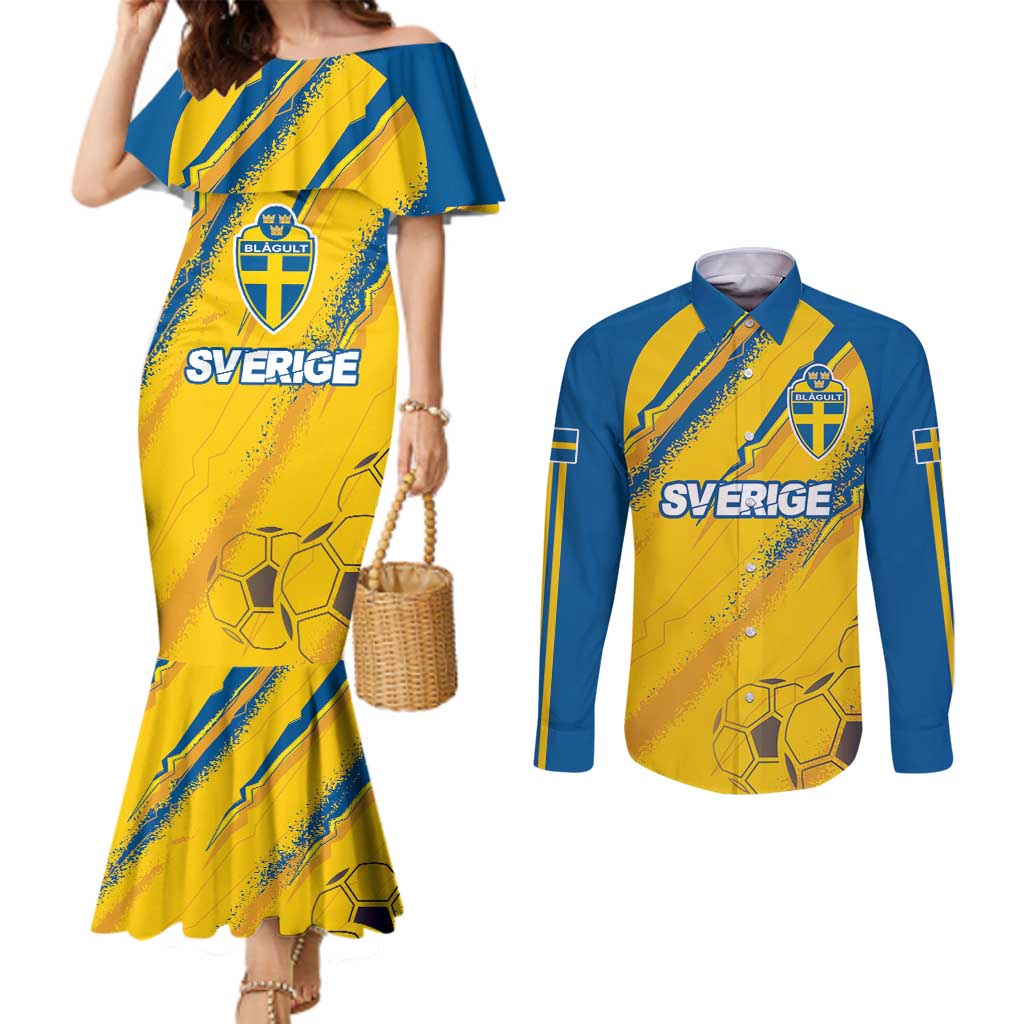 Custom Sweden Football Couples Matching Mermaid Dress and Long Sleeve Button Shirt Sporty Style