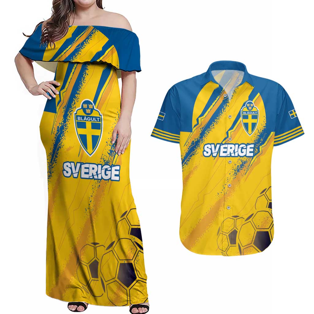 Custom Sweden Football Couples Matching Off Shoulder Maxi Dress and Hawaiian Shirt Sporty Style