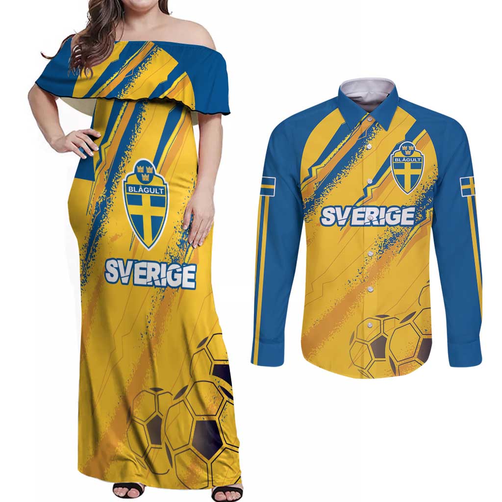 Custom Sweden Football Couples Matching Off Shoulder Maxi Dress and Long Sleeve Button Shirt Sporty Style