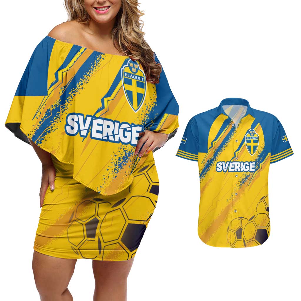 Custom Sweden Football Couples Matching Off Shoulder Short Dress and Hawaiian Shirt Sporty Style