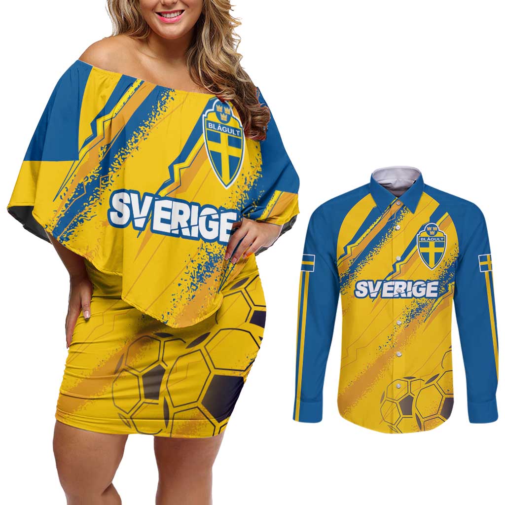 Custom Sweden Football Couples Matching Off Shoulder Short Dress and Long Sleeve Button Shirt Sporty Style