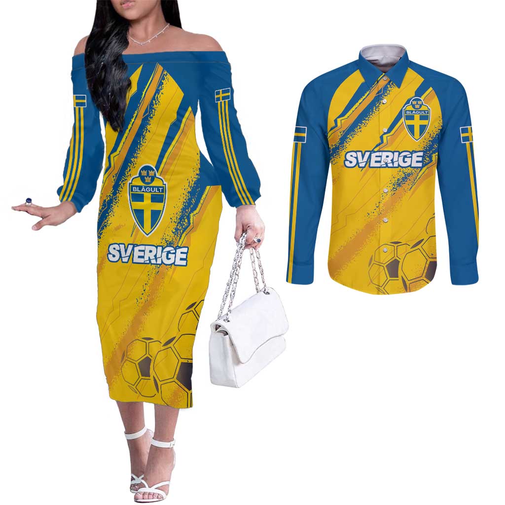 Custom Sweden Football Couples Matching Off The Shoulder Long Sleeve Dress and Long Sleeve Button Shirt Sporty Style