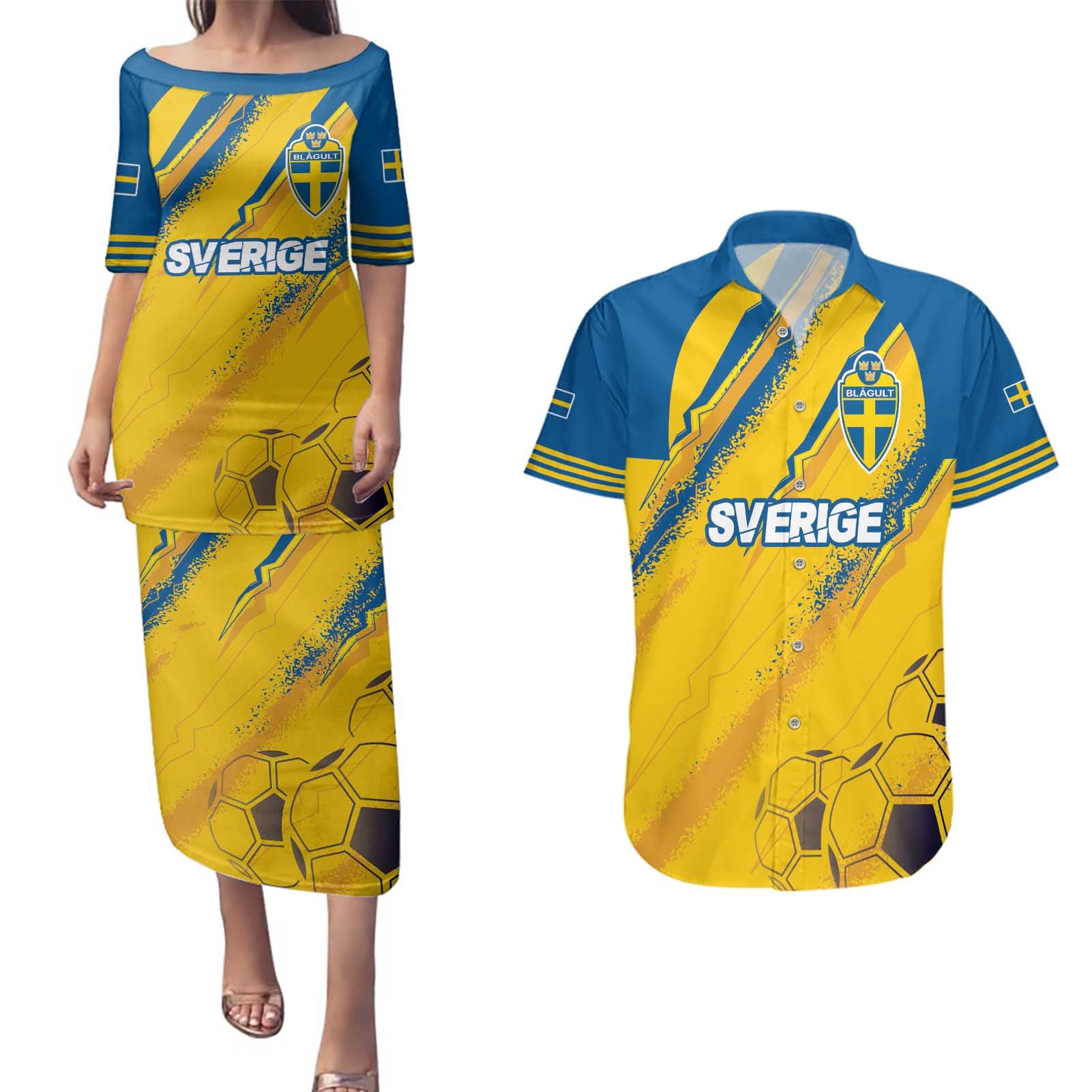 Custom Sweden Football Couples Matching Puletasi and Hawaiian Shirt Sporty Style