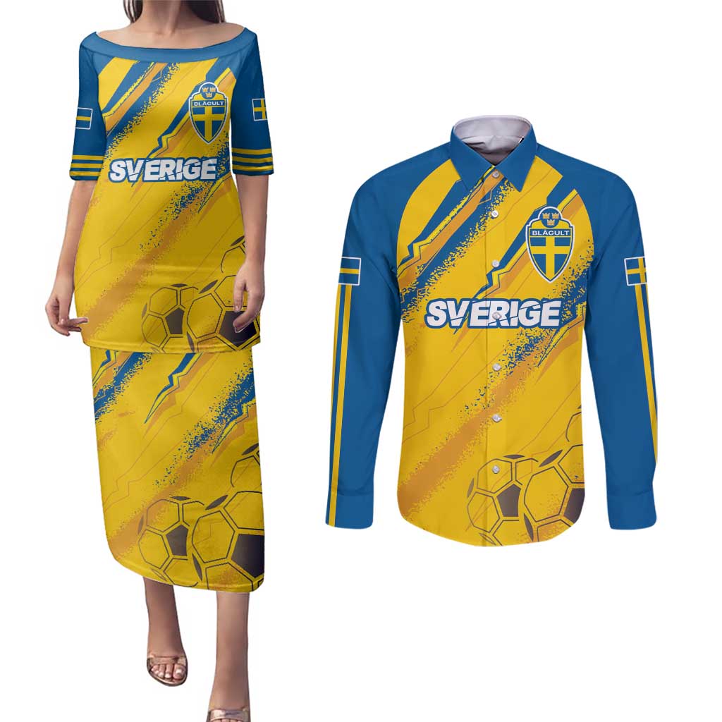 Custom Sweden Football Couples Matching Puletasi and Long Sleeve Button Shirt Sporty Style