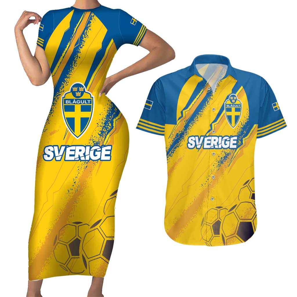 Custom Sweden Football Couples Matching Short Sleeve Bodycon Dress and Hawaiian Shirt Sporty Style