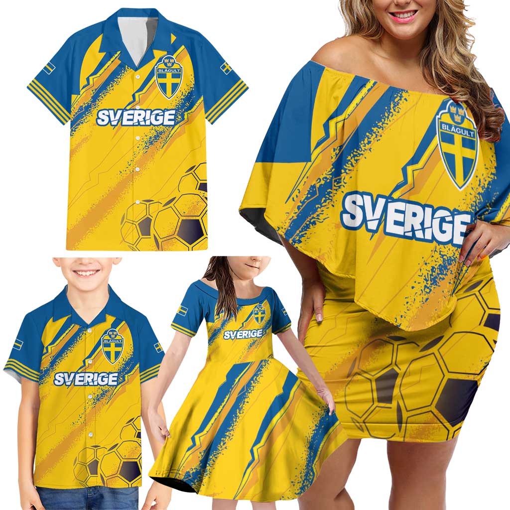 Custom Sweden Football Family Matching Off Shoulder Short Dress and Hawaiian Shirt Sporty Style