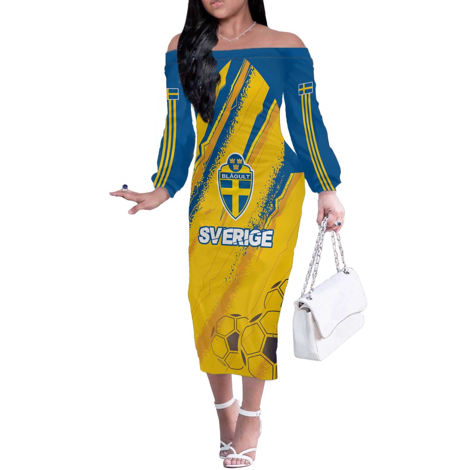 Custom Sweden Football Off The Shoulder Long Sleeve Dress Sporty Style