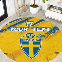 Round sport carpet in yellow and blue with 17, crest emblem, and Your Text print