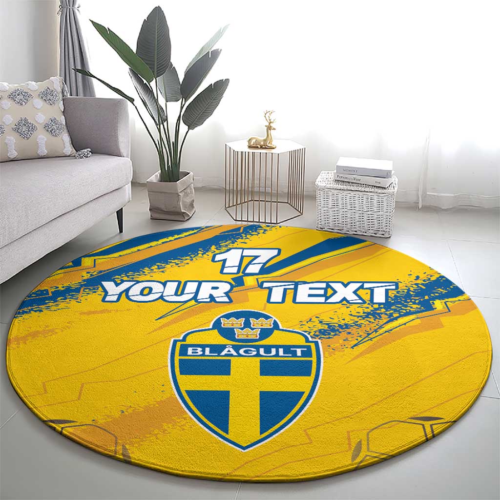 Round sport carpet with yellow-blue shield crest, 17 and Your Text, centered view