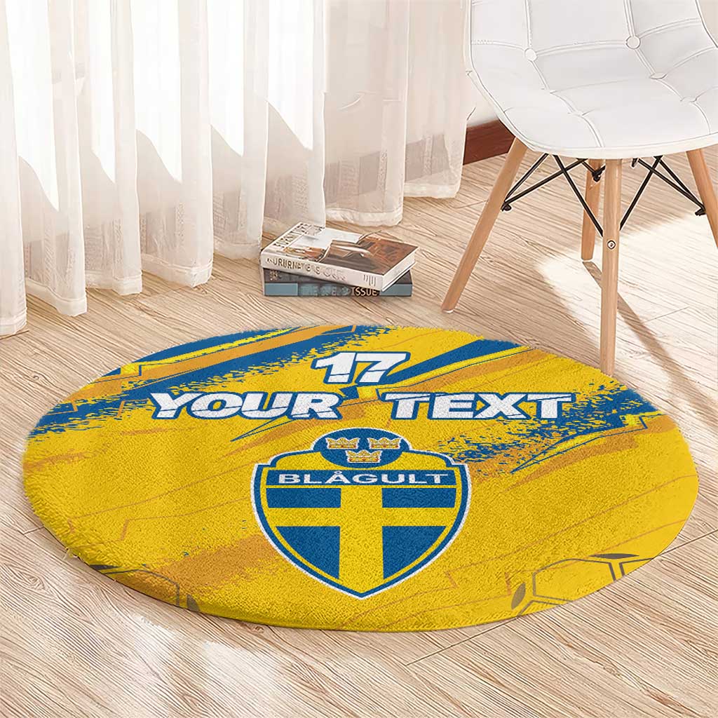 Round yellow-and-blue sport carpet with crest emblem, 17 and Your Text on floor