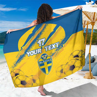 Custom Sweden football sarong, yellow-and-blue with shield crest, “Your Text” and hex soccer pattern.