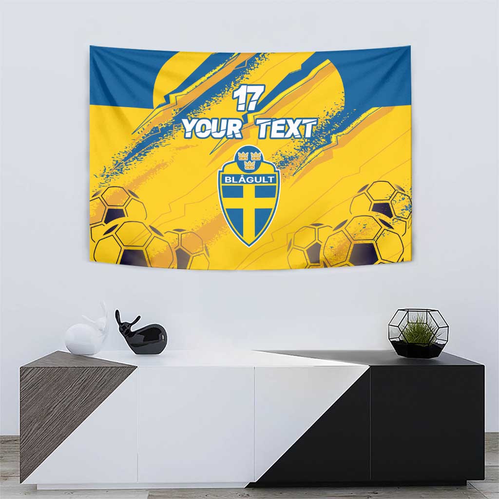 Soccer-themed wall tapestry: yellow and blue with shield crest, 'YOUR TEXT' and number 17