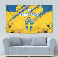 Yellow and blue soccer tapestry with shield crest logo, 'YOUR TEXT' and 17