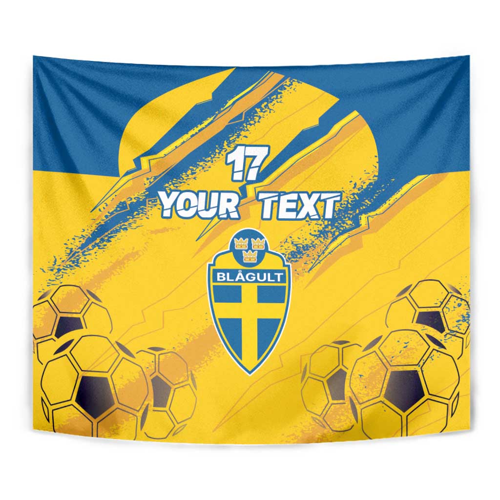 Flat rectangular yellow and blue soccer tapestry with shield crest and 'YOUR TEXT' + 17
