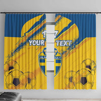 Yellow and blue soccer curtains, close view with crest, custom text, and football pattern