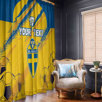 Yellow and blue soccer-themed custom window curtain with crest and football pattern