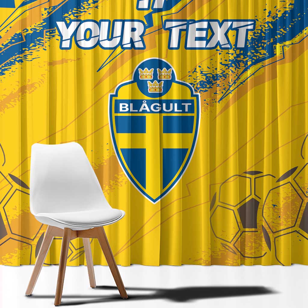 Soccer window curtain, yellow and blue with custom text and shield crest design