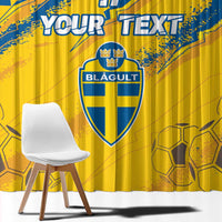 Soccer window curtain, yellow and blue with custom text and shield crest design