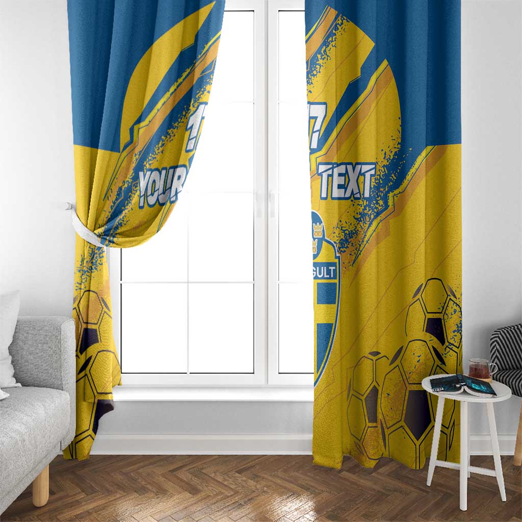Hanging yellow and blue soccer curtain panels on a window, with custom text