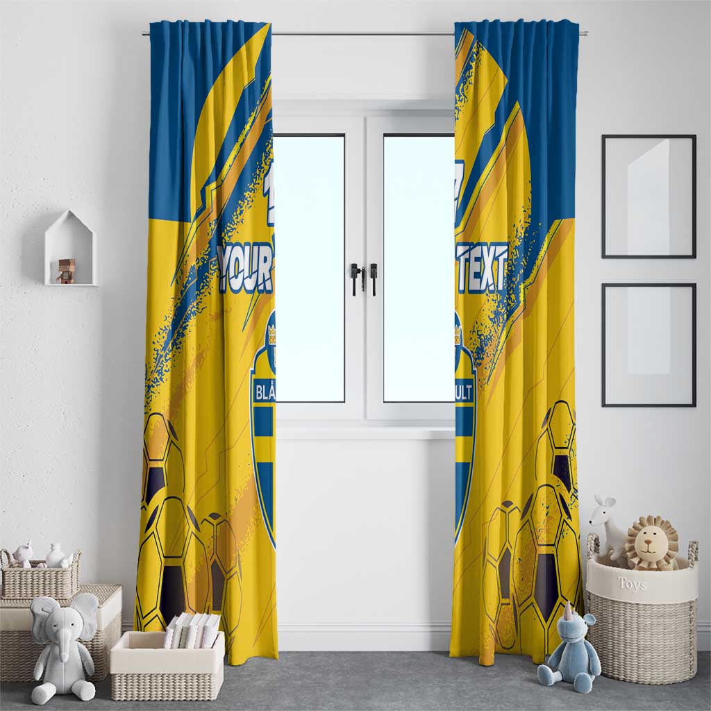 Two yellow and blue soccer-themed window curtains with matching crest and football motifs
