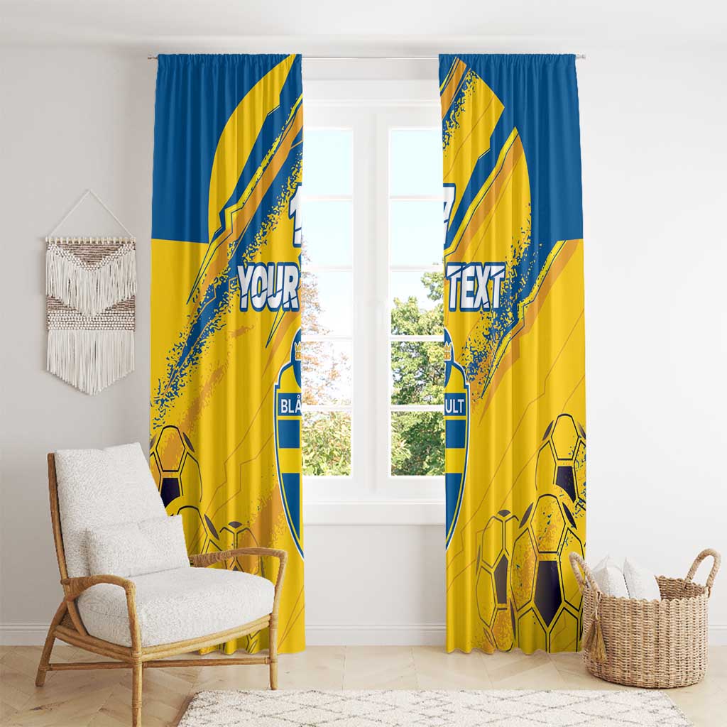Pair of yellow and blue soccer window curtain panels with crest and football pattern