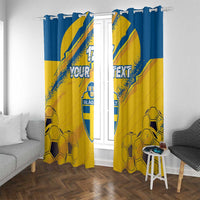 Yellow and blue soccer window curtains with crest, custom text, and football graphics