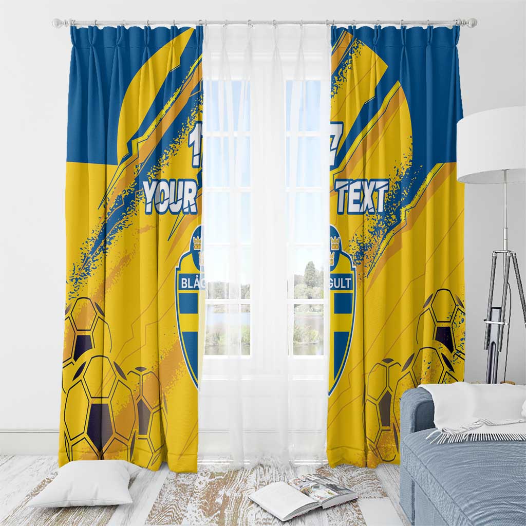 Yellow and blue soccer-themed curtain panels on a rod with custom text and crest