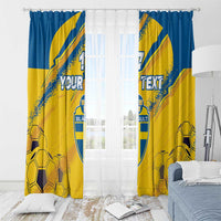 Yellow and blue soccer-themed curtain panels on a rod with custom text and crest