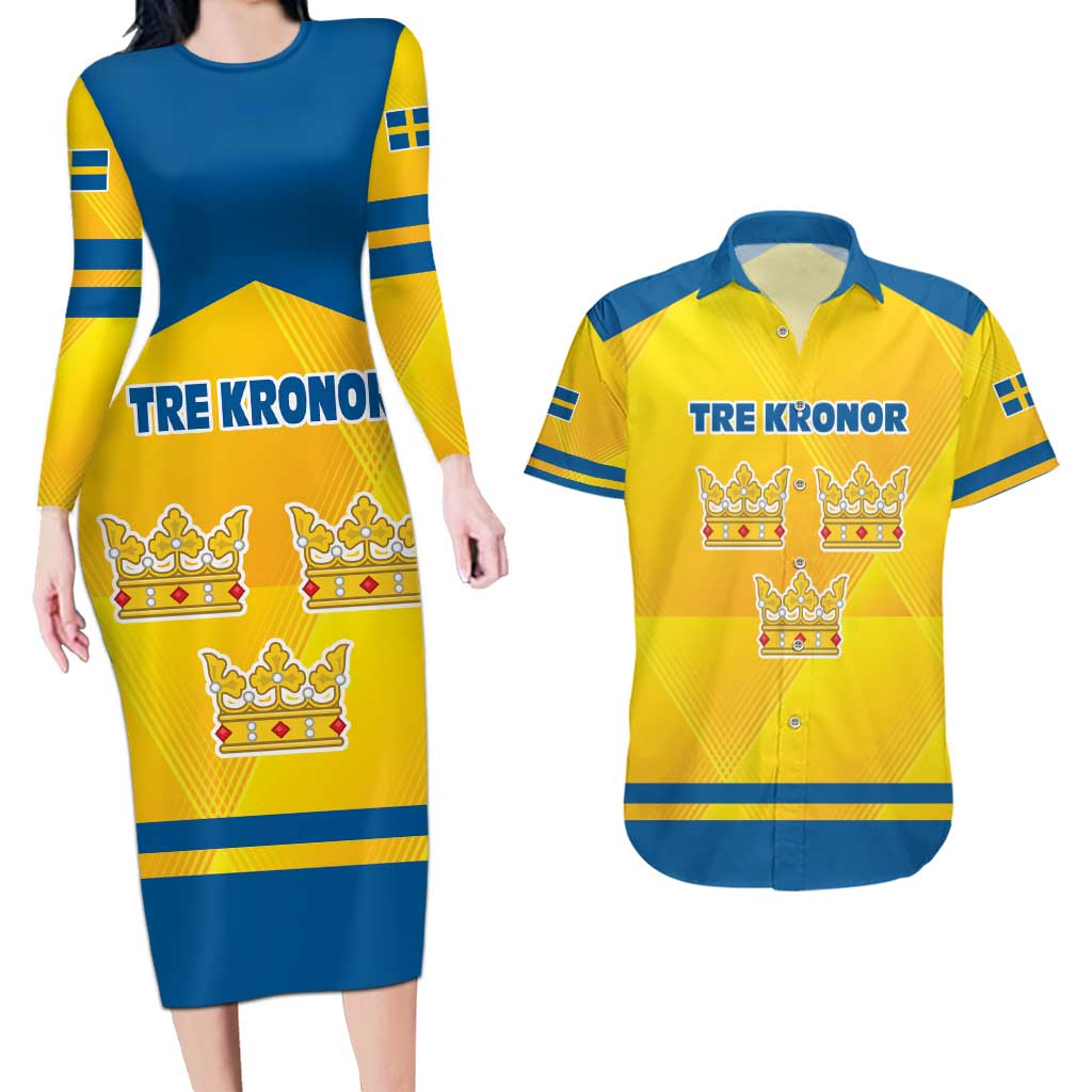 Personalized Sweden Ice Hockey Couples Matching Long Sleeve Bodycon Dress and Hawaiian Shirt Sporty Style