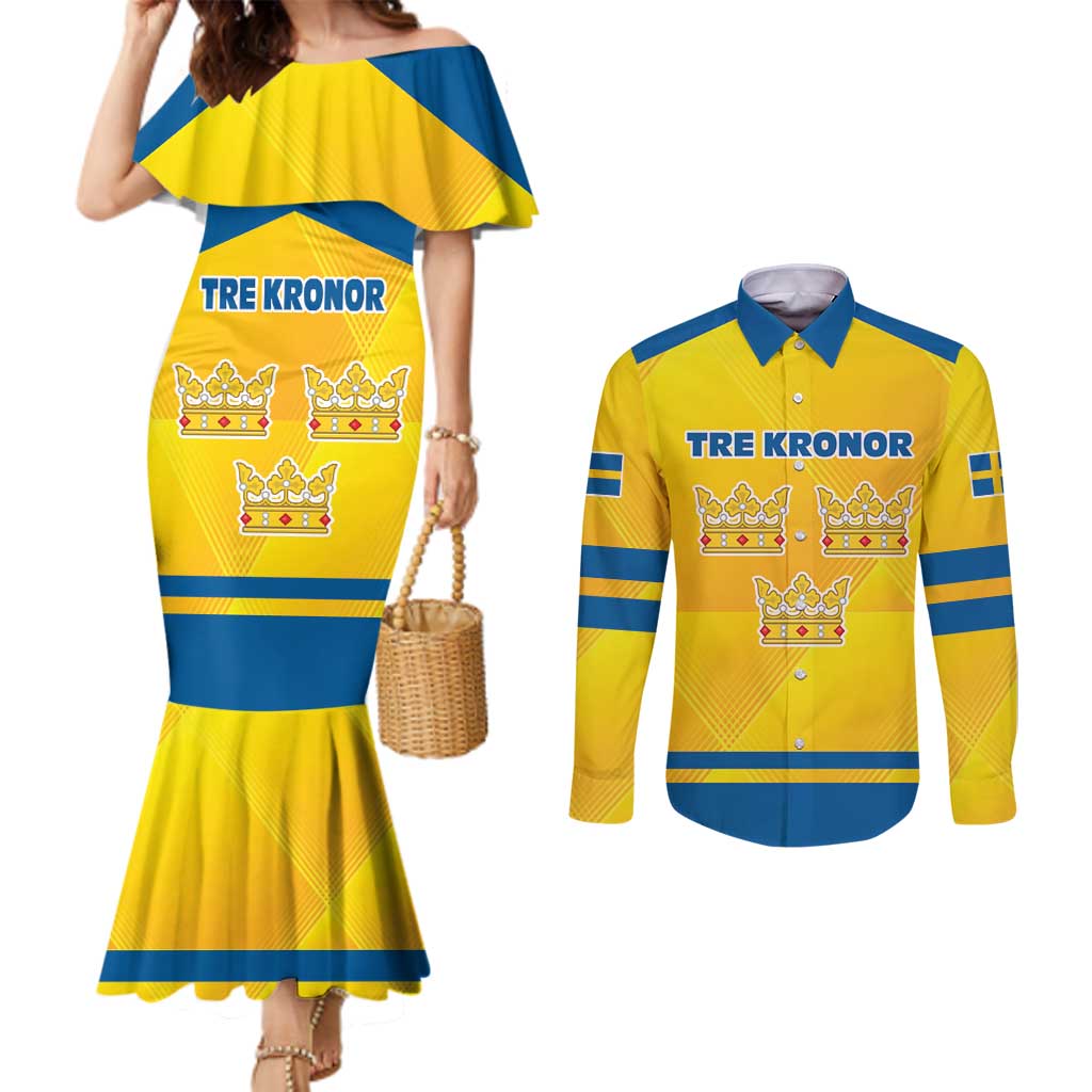 Personalized Sweden Ice Hockey Couples Matching Mermaid Dress and Long Sleeve Button Shirt Sporty Style