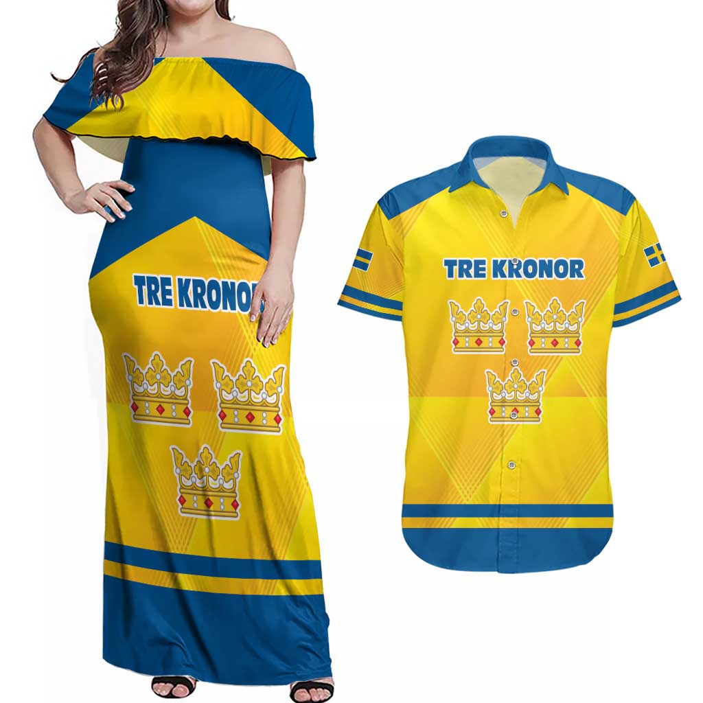 Personalized Sweden Ice Hockey Couples Matching Off Shoulder Maxi Dress and Hawaiian Shirt Sporty Style