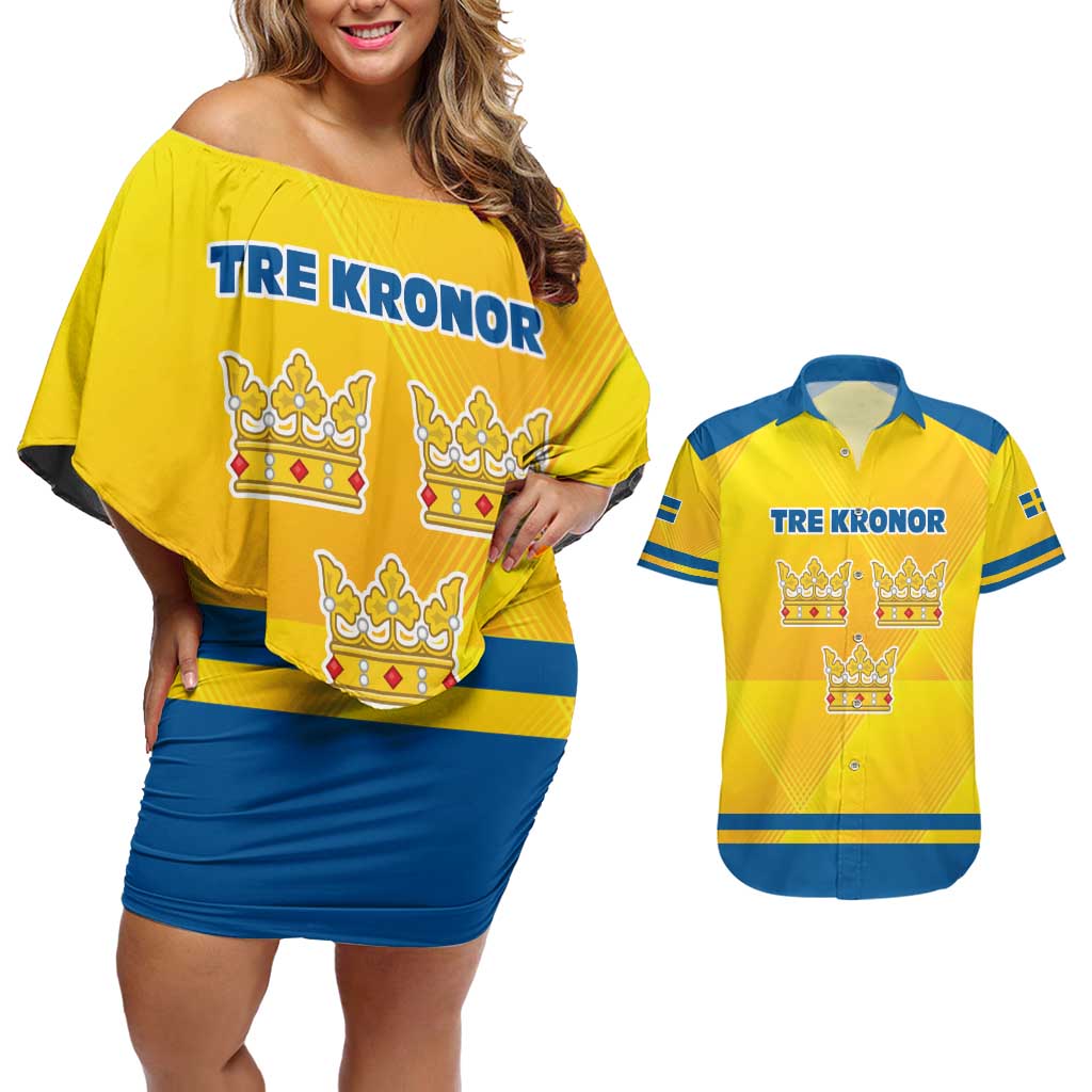 Personalized Sweden Ice Hockey Couples Matching Off Shoulder Short Dress and Hawaiian Shirt Sporty Style