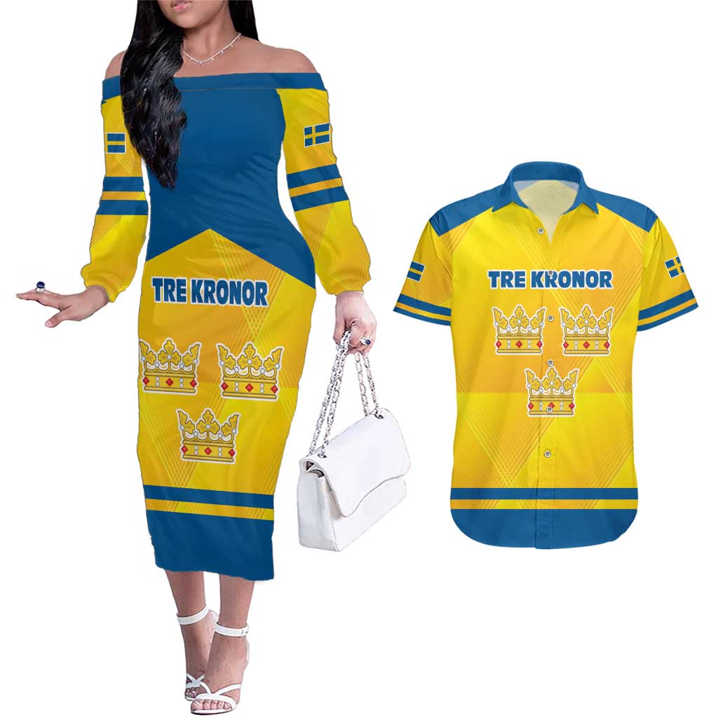 Personalized Sweden Ice Hockey Couples Matching Off The Shoulder Long Sleeve Dress and Hawaiian Shirt Sporty Style